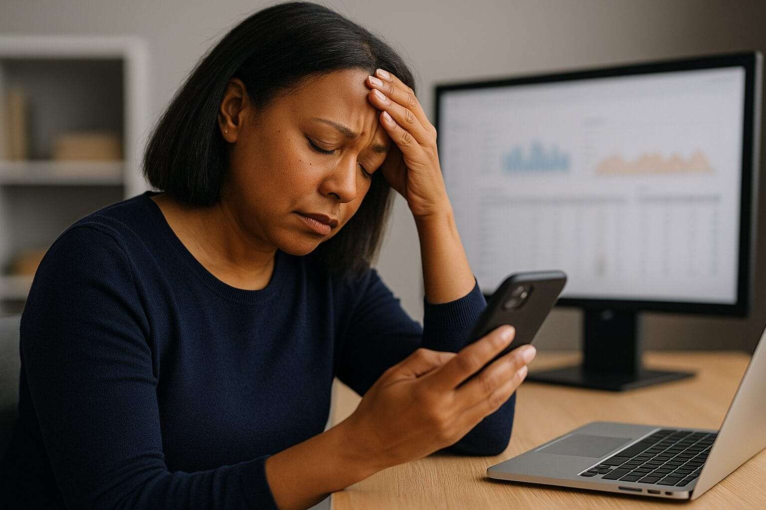 A frustrated African-American woman holding her smartphone with one hand and resting her forehead in the other, seated at a desk with a laptop and a monitor displaying business data—visibly overwhelmed by avoidance and decision fatigue.