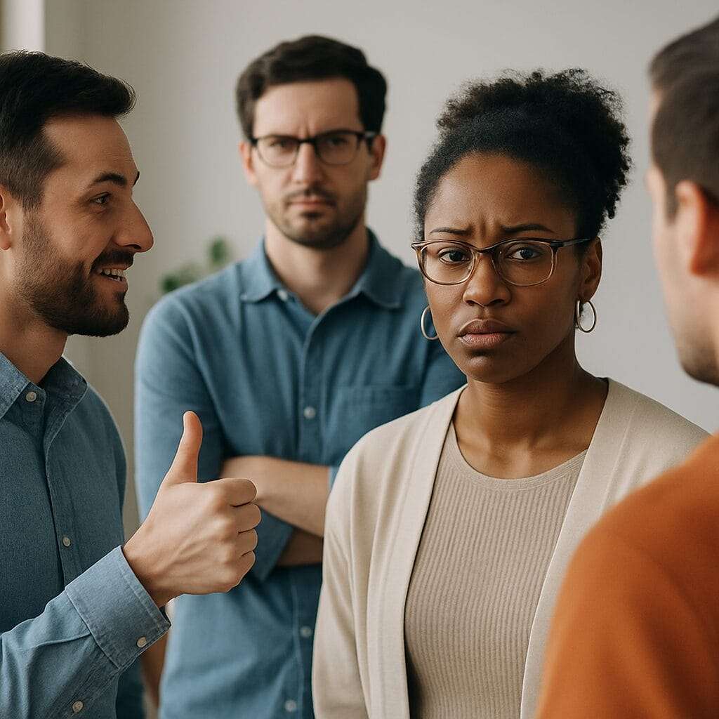 black woman in a group of man a man to the left of her has his thumbs raised