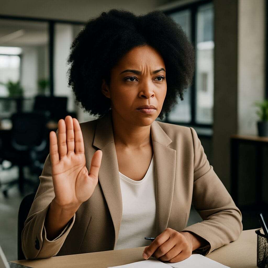 Black woman with a serious expression raising her hand in a boundary-setting gesture at her desk in a modern office
