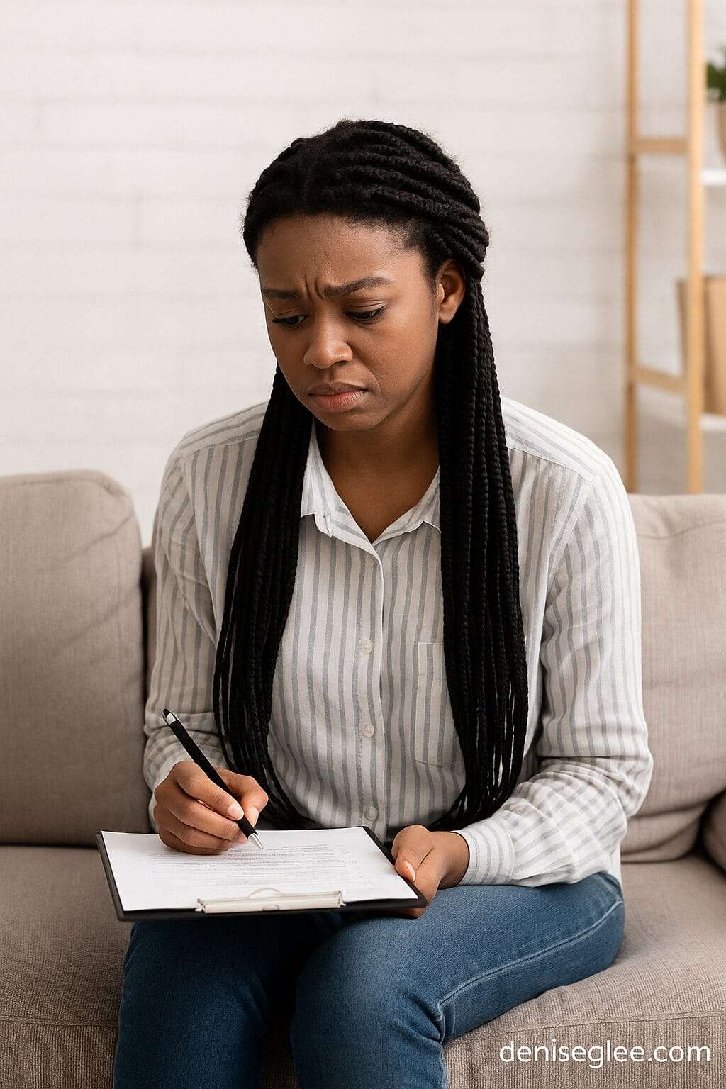 Young Black woman in her late 20s sitting on a couch in a therapist’s office, looking concerned while filling out a questionnaire