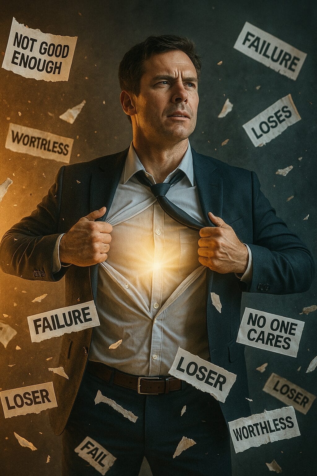 Business professional breaking free from toxic self-labels like failure and not good enough