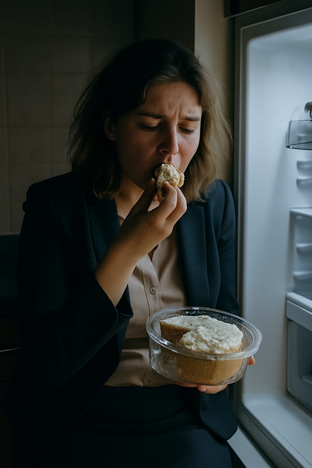 A tired woman in work clothes eats cake directly from a container while sitting by an open fridge, her expression weary and emotionally detached.