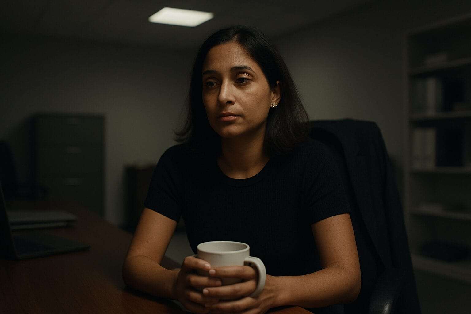Woman sitting alone in dim office, holding coffee mug with tired, blank expression—symbolizing emotional burnout and leadership fatigue.