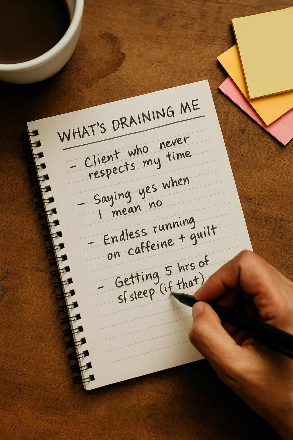 A notepad titled “What’s Draining Me” lists emotional and physical stressors like poor sleep and overcommitment, surrounded by sticky notes, a coffee mug, and a hand holding a pen—capturing burnout awareness in real time.