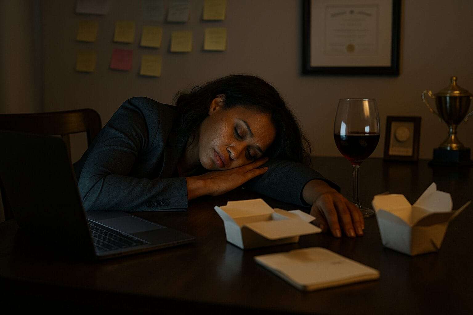 A professional Black woman in a blazer rests her head on a dining table late at night, surrounded by takeout containers, a glowing laptop, and a half-full wine glass—visibly exhausted under the weight of achievement.