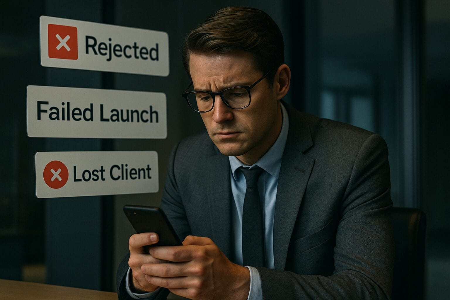 Entrepreneur overwhelmed by digital rejections and failed project messages