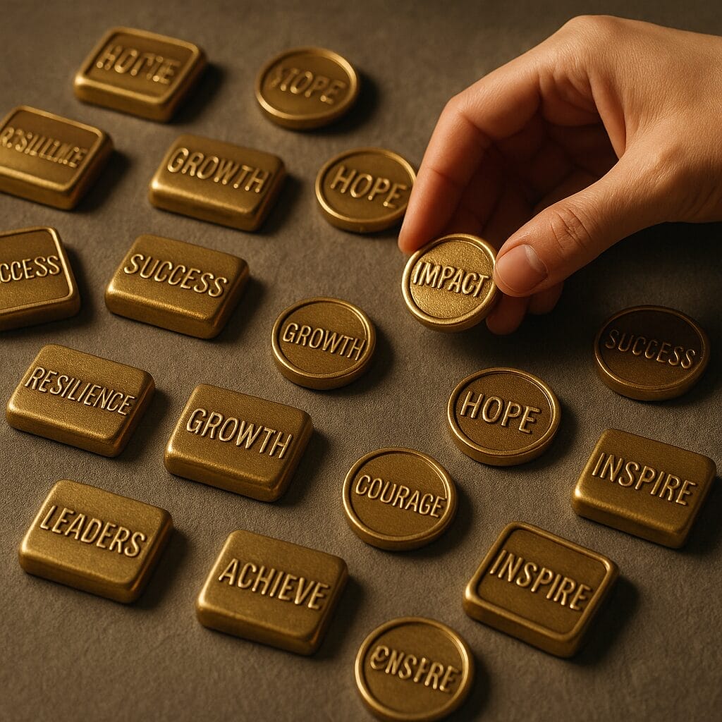 Hand reaching for gold tokens labeled with values like resilience, growth, and impact