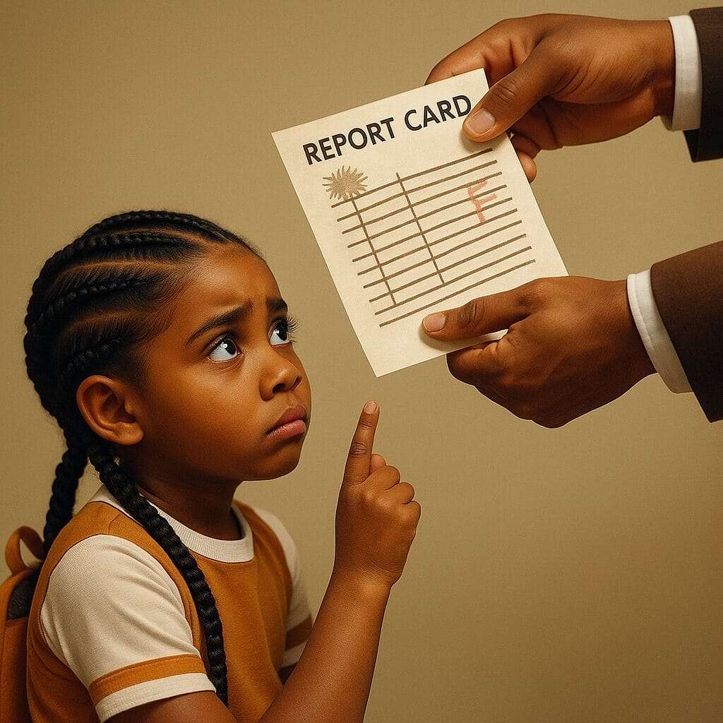 Young girl being shown a report card, looking confused or hurt