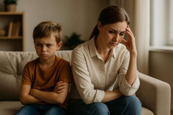 “A mother and young son sitting on a couch in visible emotional distress, capturing the early roots of relational tension and learned behavior