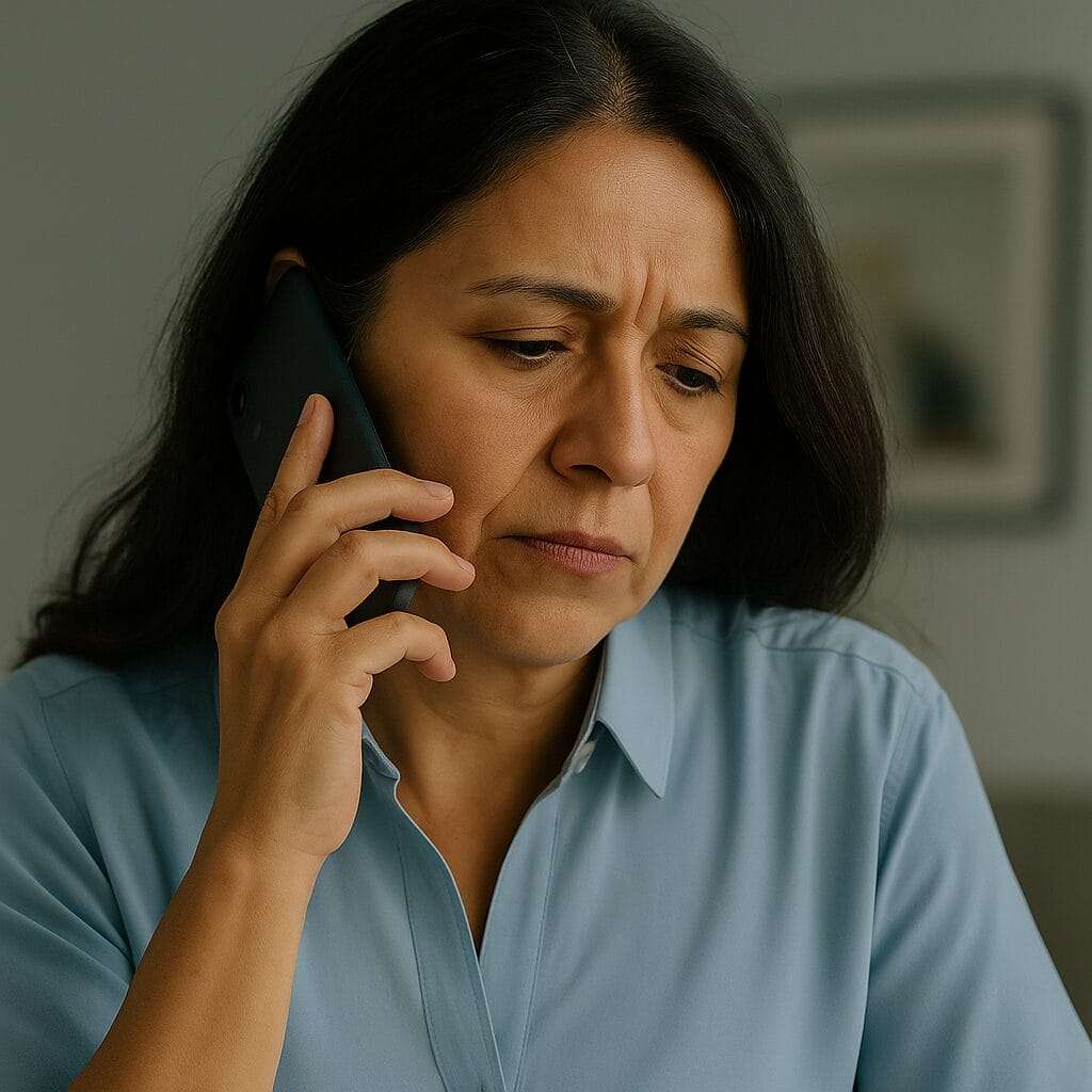 Latina woman mid-40s on a phone call, visibly distressed and overwhelmed