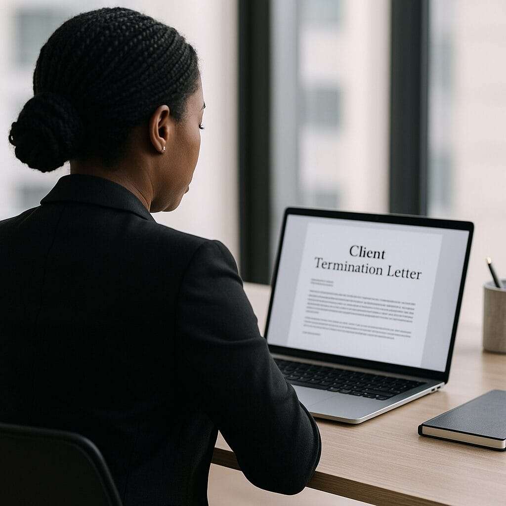Back view of a professional Black woman in a blazer reviewing a client termination letter on her laptop