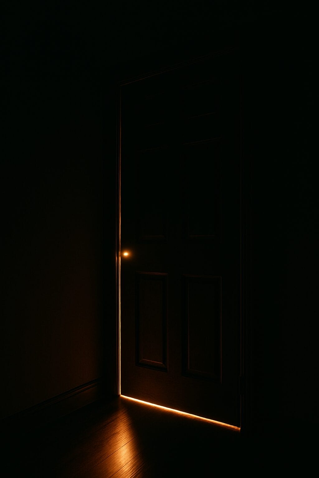 A closed wooden door in a dark room with a faint beam of light glowing from underneath—symbolizing hidden truth, memory repression, or the quiet beginning of awareness