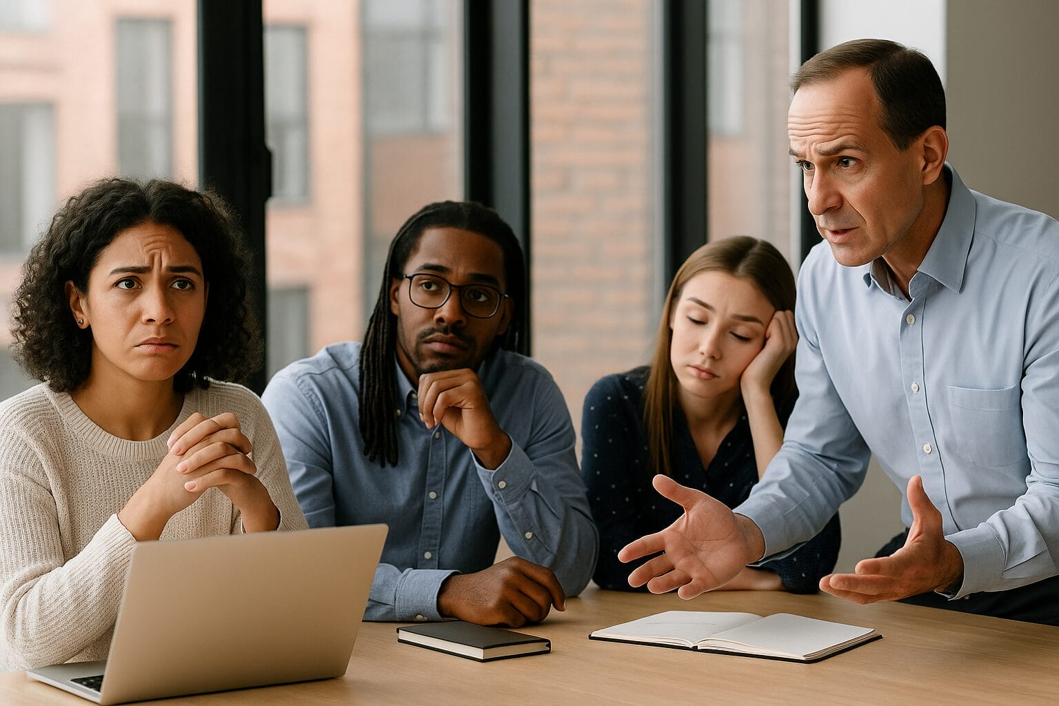 A diverse group of professionals in a tense office meeting. One man speaks intensely while others look overwhelmed, skeptical, or disengaged, highlighting the emotional toll of perfectionist leadership.