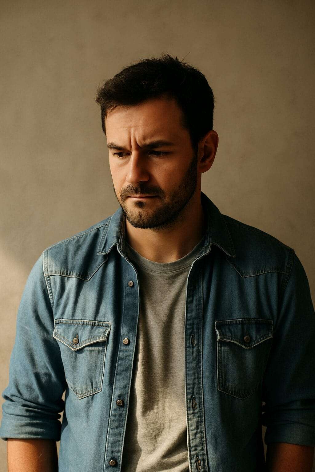 A man in his early 30s wearing a denim shirt and gray T-shirt stands against a neutral wall, looking serious and focused as sunlight hits his face.