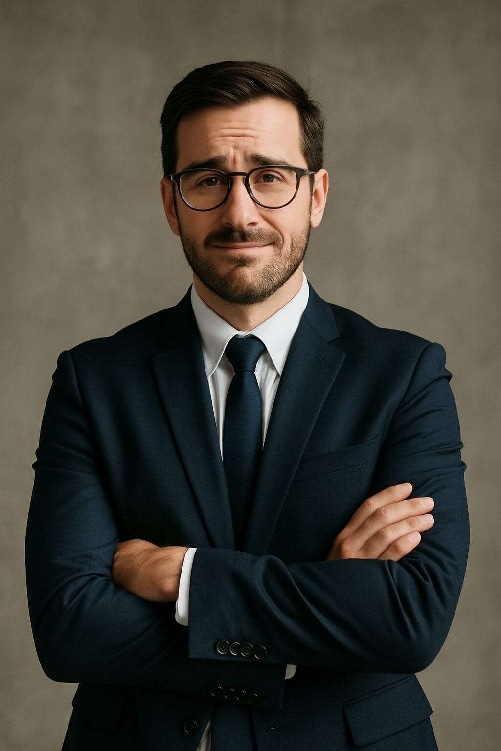 A young businessman sits upright with a composed expression, exuding confidence while clearly still finding his footing—symbolizing early leadership with 'training wheels' energy.