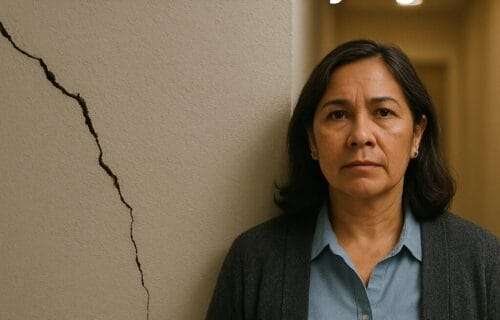 Middle-aged woman stands next to a cracked wall, with deniseglee.com at the bottom—symbolizing the quiet damage of conflict avoidance