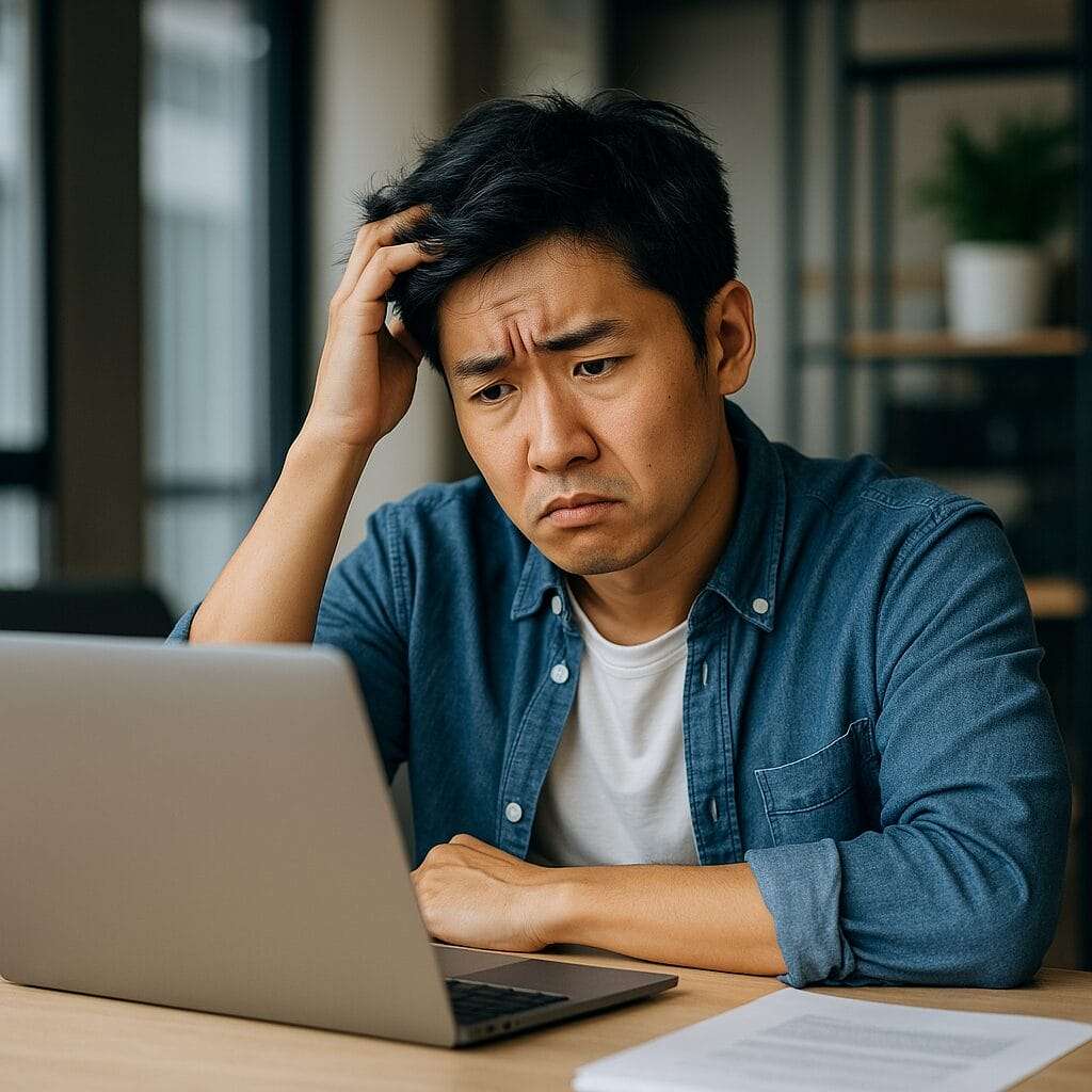 A young Asian man in a denim shirt sits at a desk, staring at a laptop with a furrowed brow and hand in his hair, looking confused or overwhelmed.