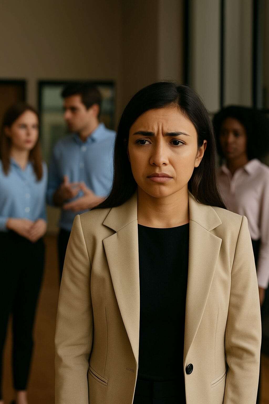 Woman in beige blazer looking confused and disappointed, standing in front of colleagues in an office—symbolizing emotional exhaustion from overfunctioning at work