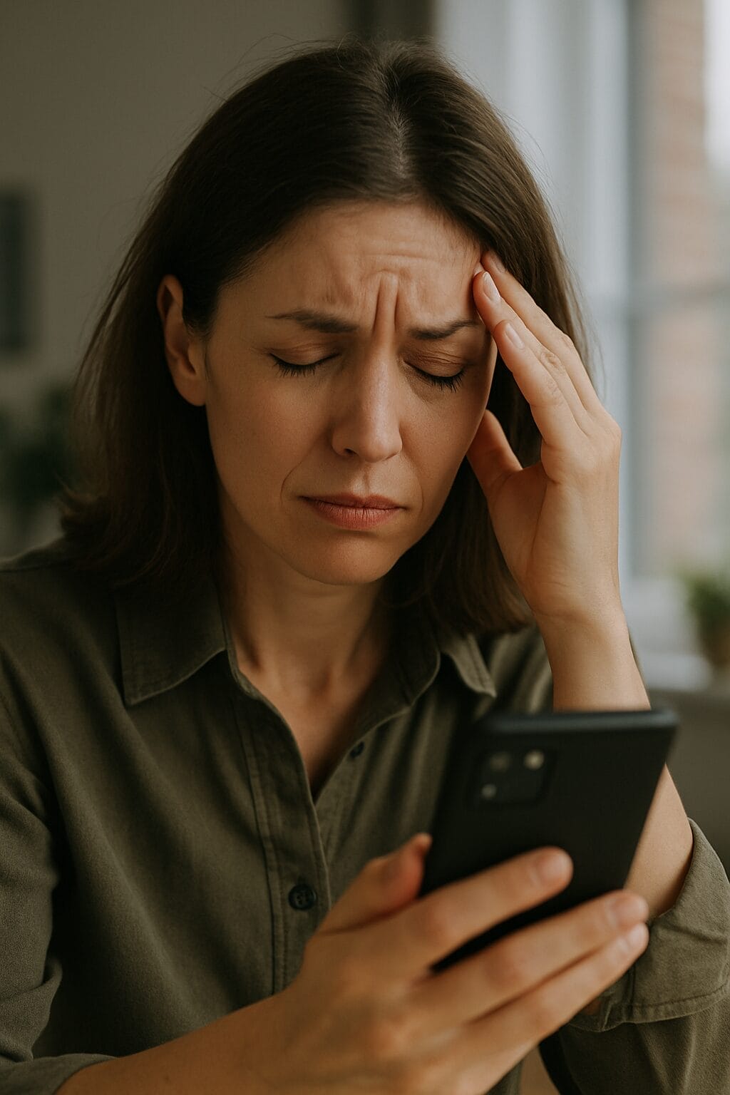 White woman in her late 30s reacting to something on her phone with eyes closed and hand to forehead, showing visible emotional distress in a softly lit home environment