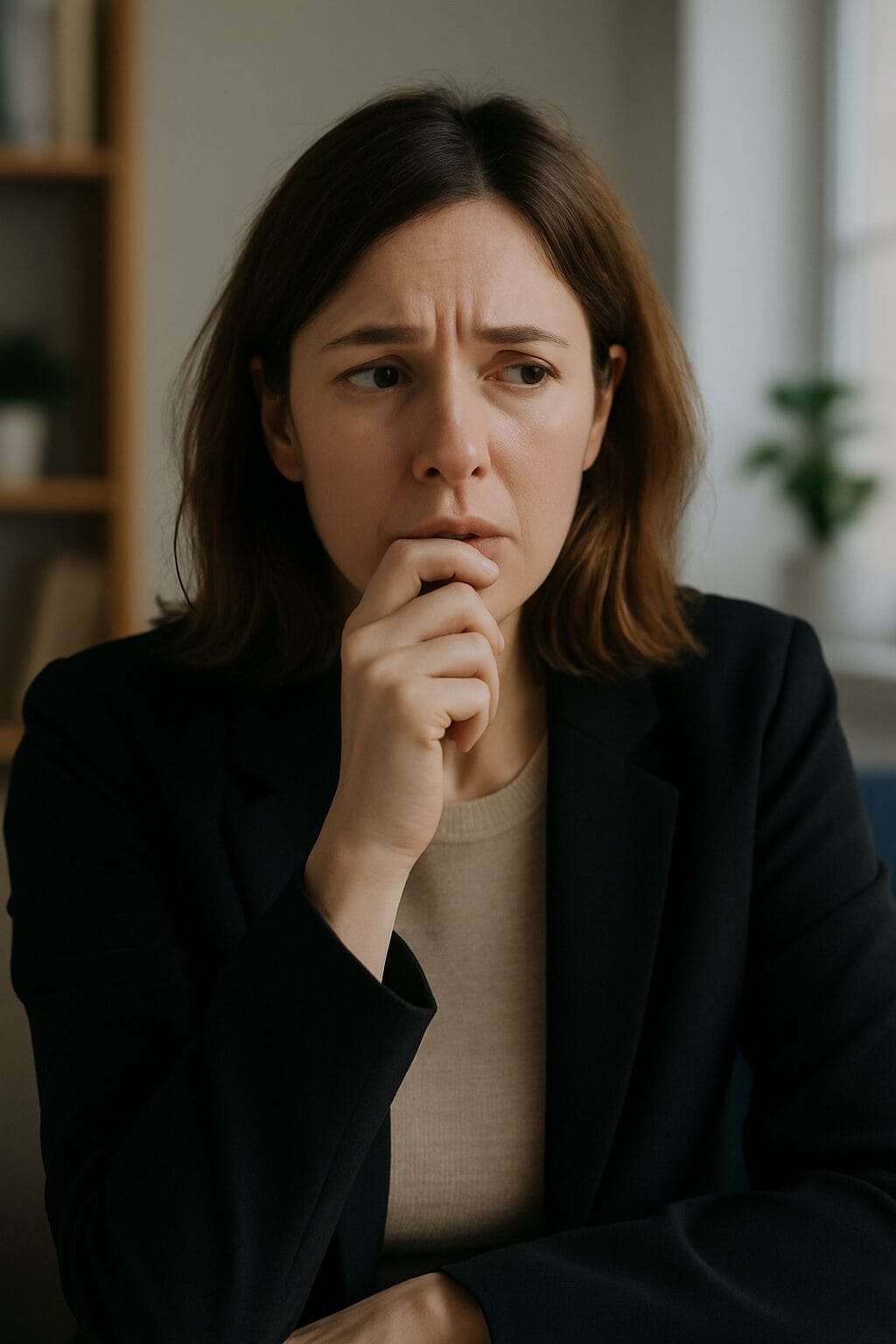 White woman in her late 30s sitting in a softly lit office, looking contemplative and emotionally affected, with one hand resting near her mouth—processing an internal emotional trigger