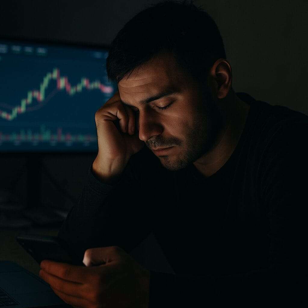 A man sits alone in a dark room, staring at his phone with a tired expression while crypto charts glow in the background.