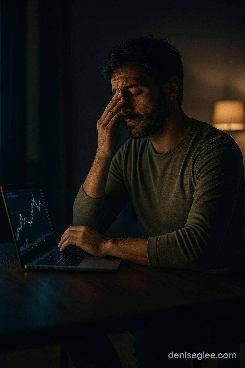 A man sitting at a desk at night with a laptop displaying crypto charts, rubbing his eyes in exhaustion as he prepares to shut it down.