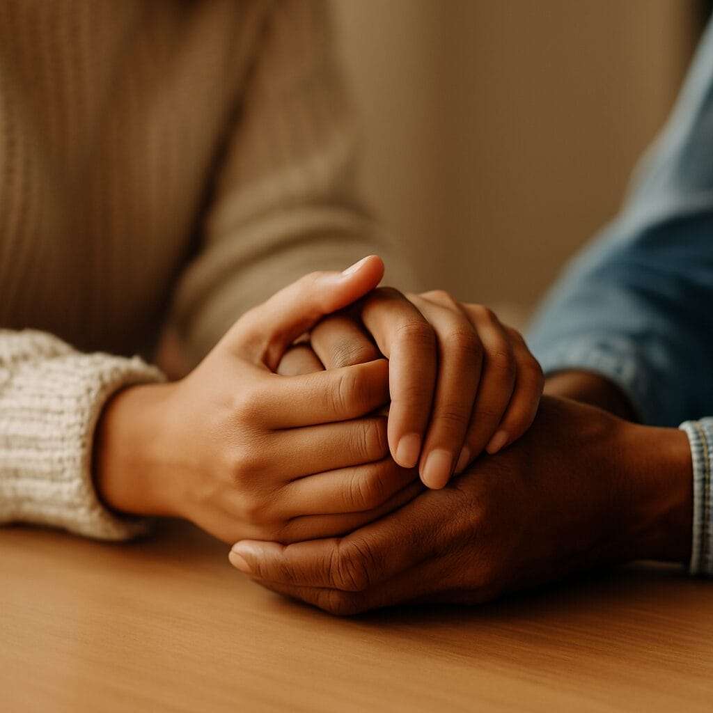 Two people with different skin tones gently holding hands on a wooden table, symbolizing emotional safety and connection