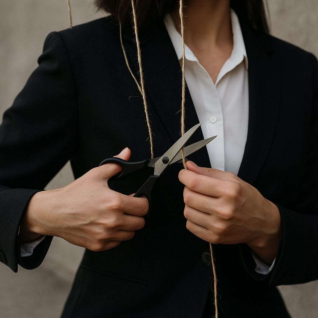 Close-up of a woman in a blazer cutting puppet strings attached to her back, symbolizing emotional liberation and breaking free from over-functioning.