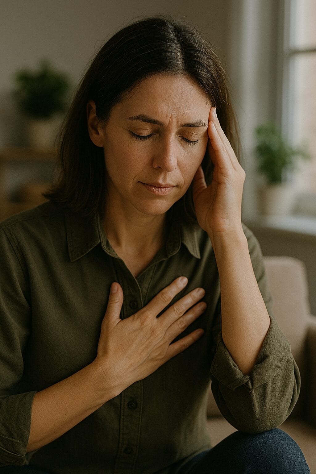 White woman in her 30s with eyes closed, one hand on her chest and the other to her head, calmly grounding herself in a sunlit room—visibly regulating an emotional trigger
