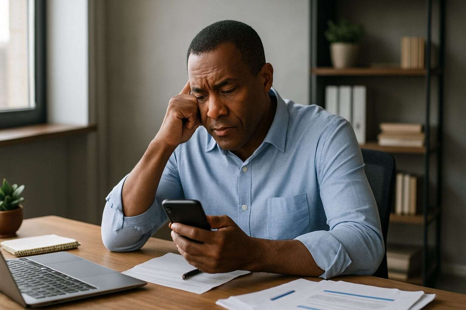 A middle-aged businessman sits at a desk looking concerned while checking his phone. Papers, a laptop, and a plant surround him in a modern office, capturing a moment of silent overthinking.