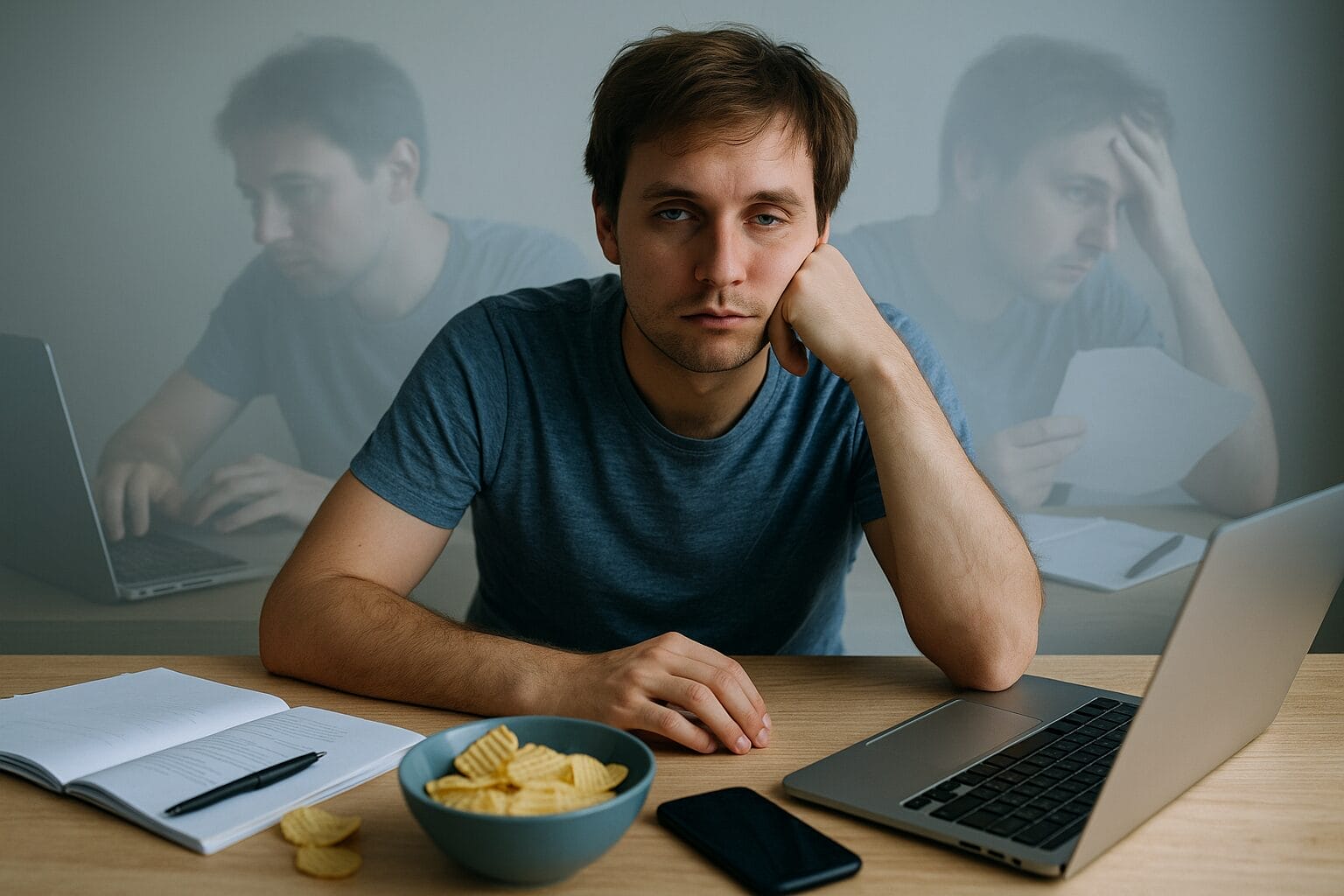 Man zoning out at desk with multiple ghostlike images of himself, symbolizing dissociation and mental overwhelm from hidden life scripts.