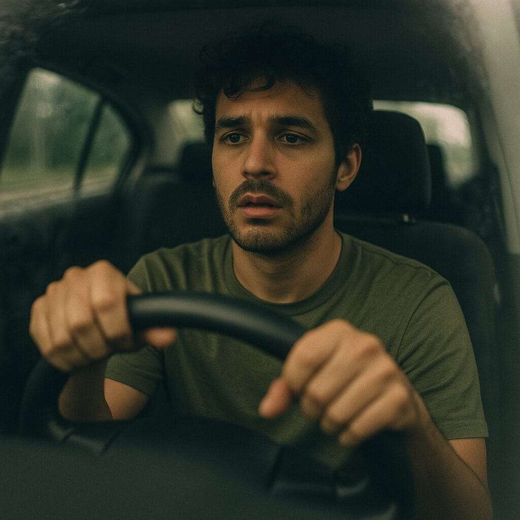 Young man with light brown skin sitting behind the wheel of a car, staring blankly ahead with a disoriented expression, symbolizing dissociation and emotional detachment