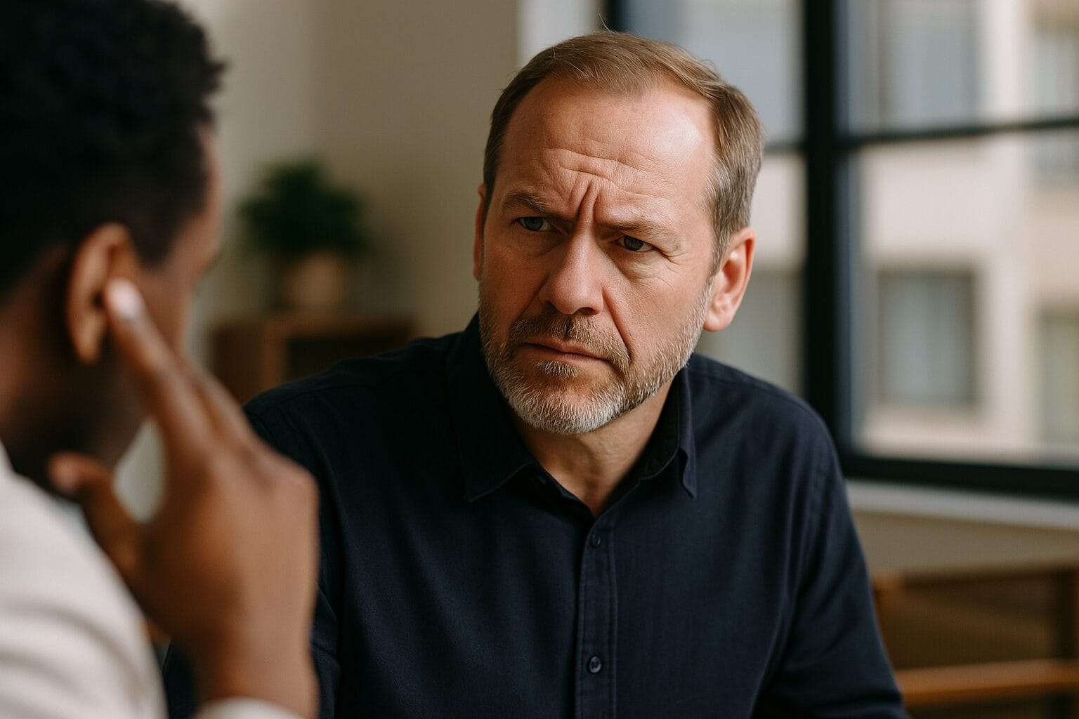 Middle-aged male executive looking away during a conversation with an employee, showing signs of disengaged listening
