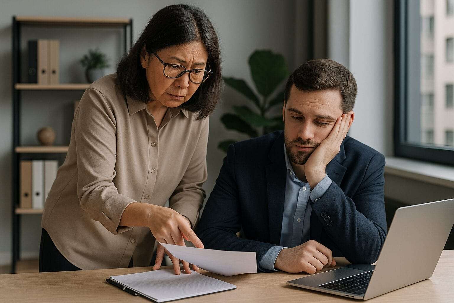 An older asian woman gently correcting a frustrated younger colleague in a modern office, visually representing the emotional burden of overfunctioning leadership.