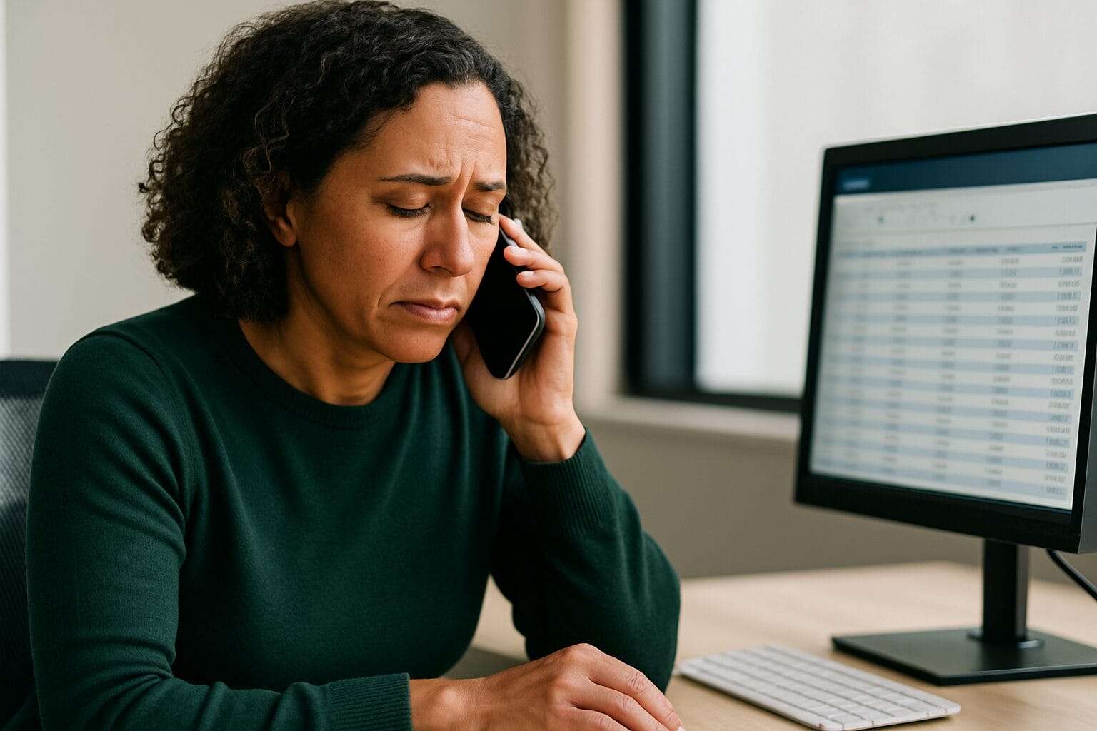 A concerned middle-aged woman sitting at a desk during a phone call, with a spreadsheet visible on her computer monitor—capturing the tension of avoiding hard business decisions despite clear warning signs.
