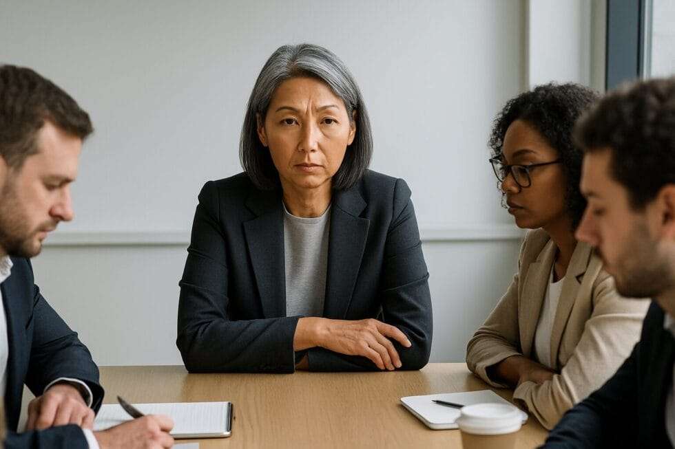Asian woman in her 50s leading a tense meeting, seated at a conference table with team members looking nervous.