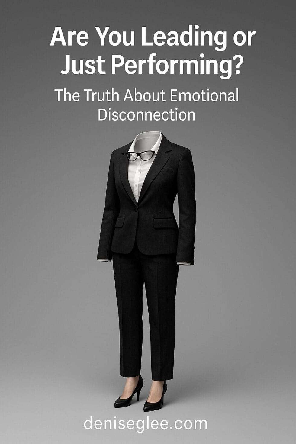 Empty black business suit and heels representing emotional disconnection in leadership, with title text and deniseglee.com at the bottom