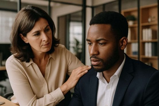 : Middle-aged woman gently placing a hand on the shoulder of a younger Black man in a suit, both appearing serious in a modern office setting