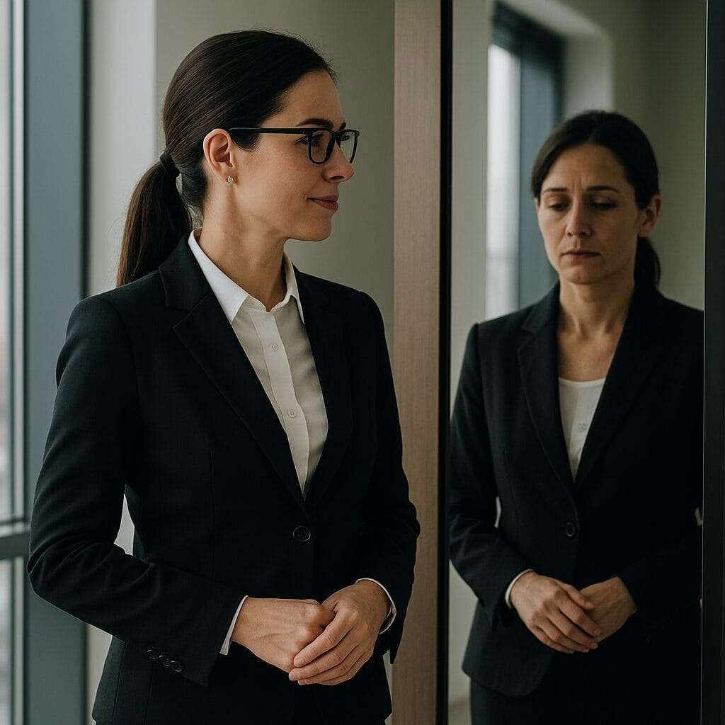 Professional woman looking into a mirror where her reflection appears somber, symbolizing emotional disconnection in leadership