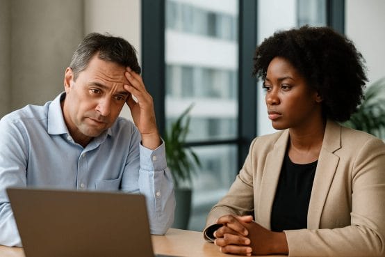 A serious Black woman in a blazer sits across from a stressed colleague in an office, symbolizing emotional enmeshment and unbalanced workplace dynamics