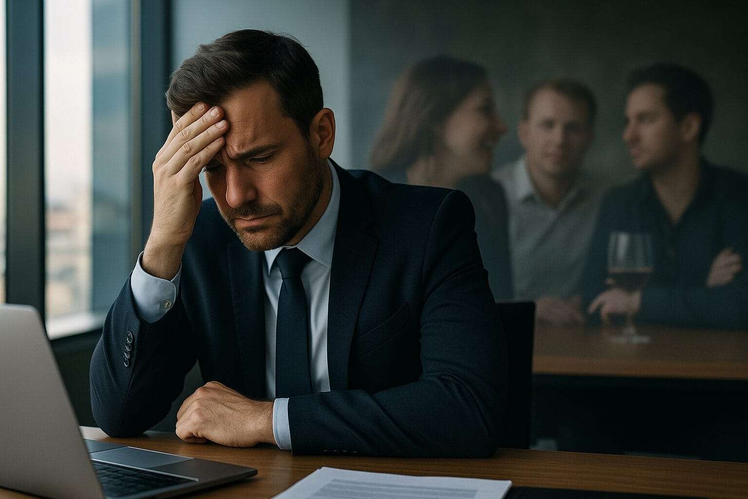 A businessman in his late 30s sits at a boardroom table, holding his head in frustration, while blurred reflections of multiple people appear behind him—symbolizing emotional exhaustion and repeating romantic patterns.