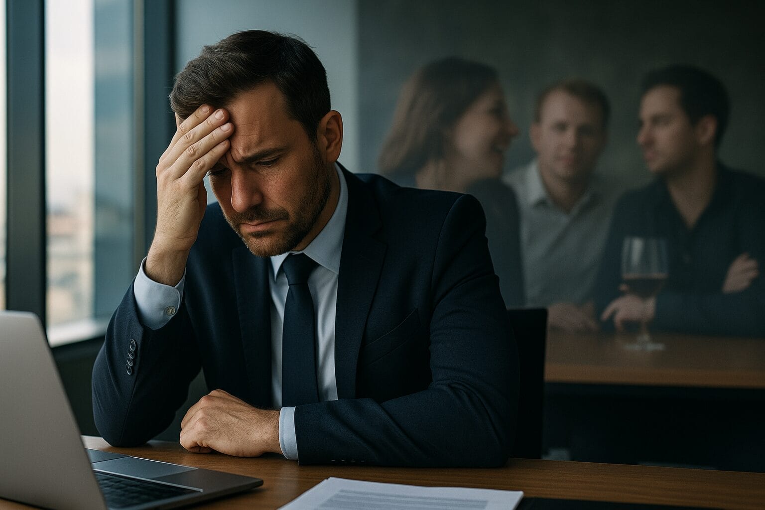 A businessman in his late 30s sits at a boardroom table, holding his head in frustration, while blurred reflections of multiple people appear behind him—symbolizing emotional exhaustion and repeating romantic patterns.