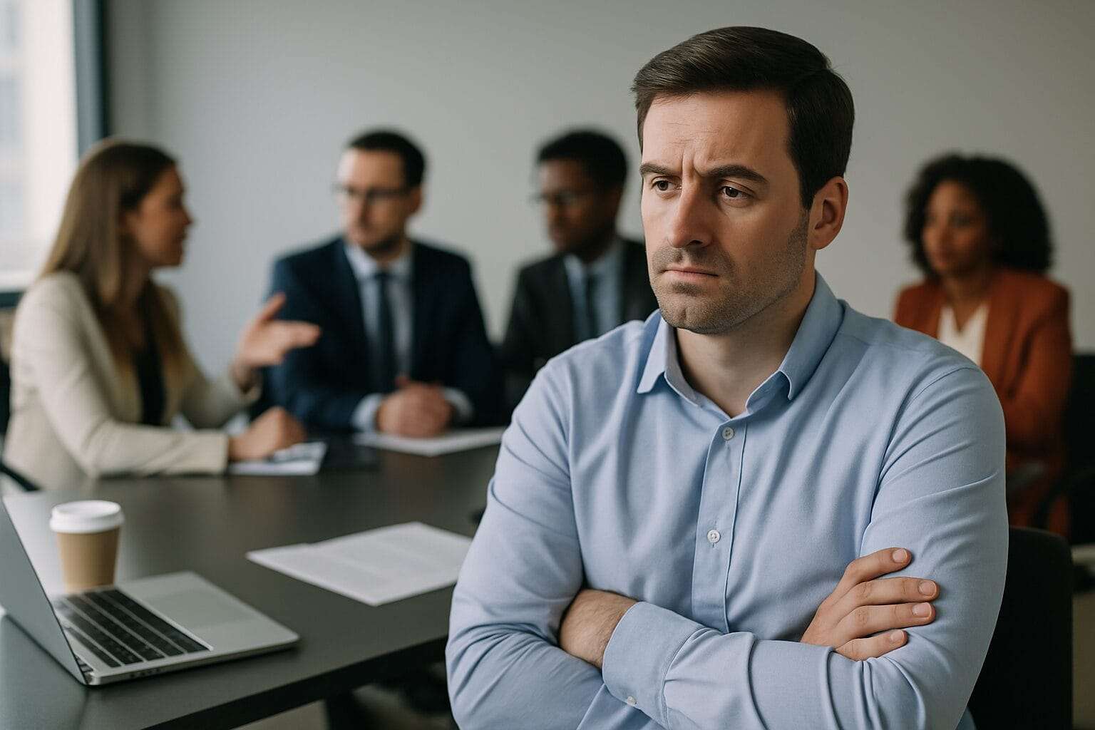 A tense professional man sits with arms crossed in a conference room, surrounded by engaged colleagues, conveying emotional restraint and uncertainty in the wake of shifting workplace dynamics.