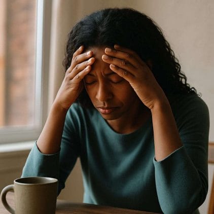 Black woman sitting at a table with eyes closed and hands on forehead, expressing emotional overwhelm and inner conflict