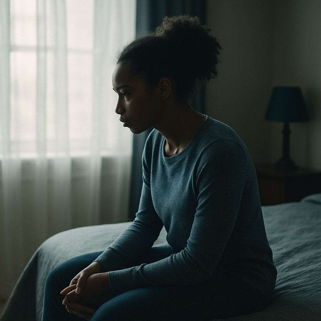 Young woman sitting on a bed in quiet reflection, bathed in soft natural light, evoking emotional vulnerability and introspection
