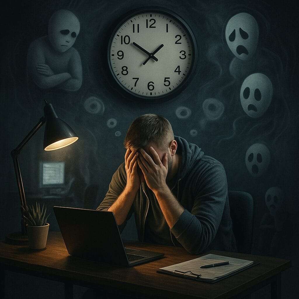 Overwhelmed professional surrounded by looping thoughts and symbols of burnout