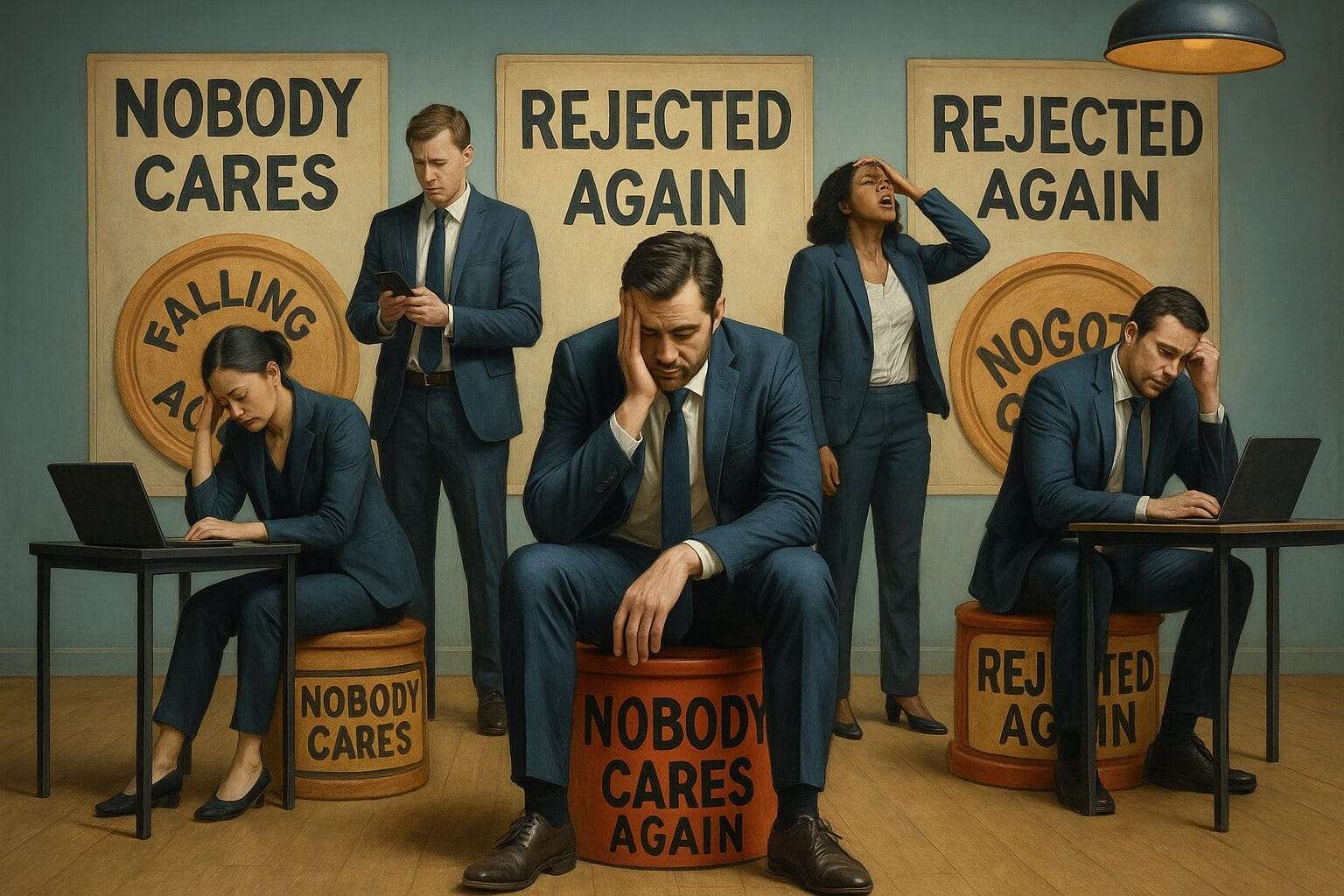 Overwhelmed professional surrounded by looping thoughts and symbols of burnout