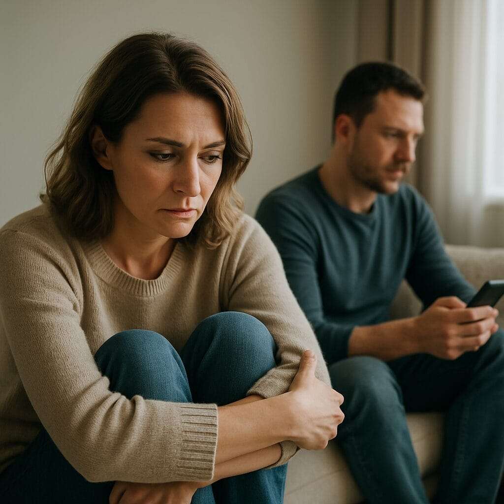 A woman sits curled on a couch looking emotionally drained while a man in the background looks at his phone, reflecting emotional disconnection and codependency