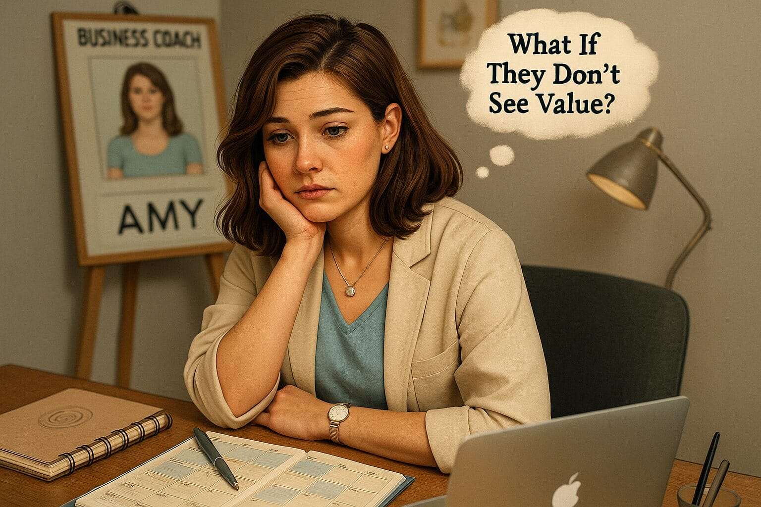 t: Woman sitting at desk doubting her worth as a business coach