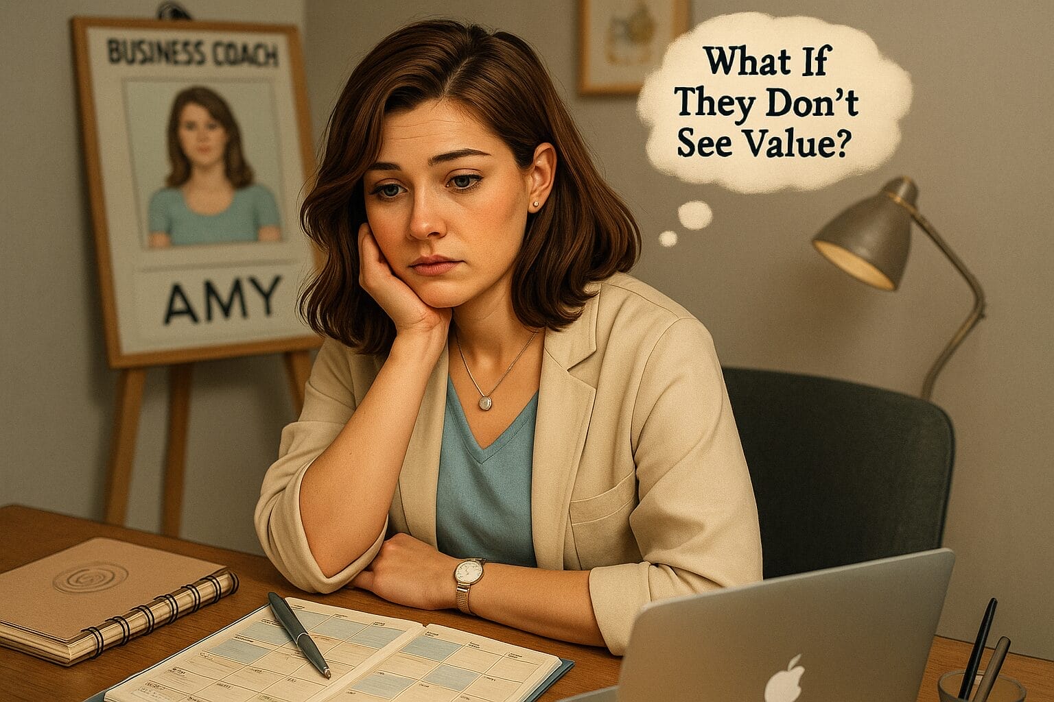 t: Woman sitting at desk doubting her worth as a business coach